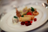 Erste Vorspeise - Satay, Wan Tans, Randen-Apfel-Salat, Foie Gras + Broiche, Frühlingsrolle und Fischtartar Erste Vorspeise